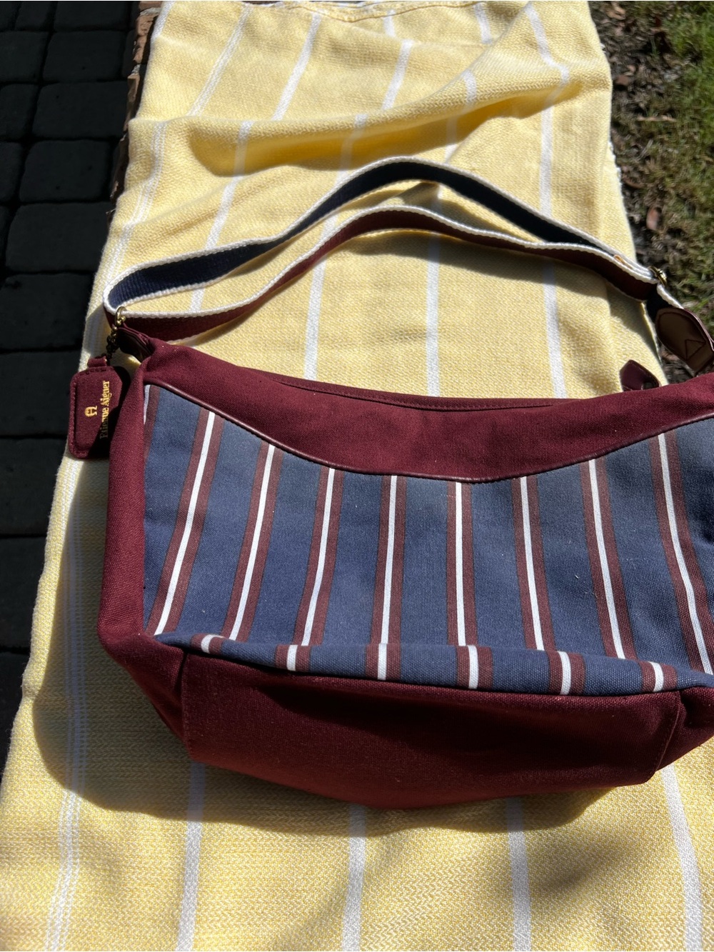 Vintage Etienne Aigner Striped Canvas Shoulder Bag in Burgundy and Navy